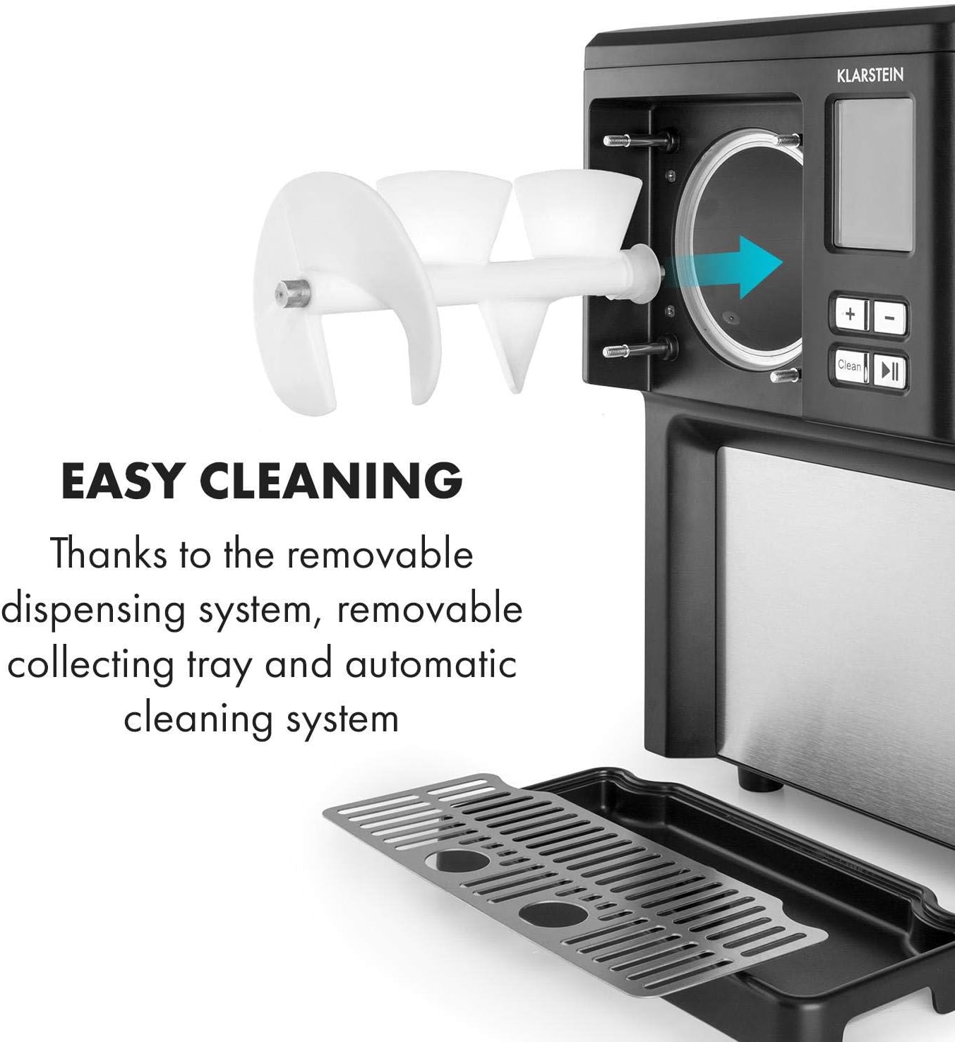 Klarstein Sweet Sundae- Ice Cream Machine, 1.5 Litres, with Self-Cooling Compressor, 200 Watts, Dispensing System, 3 Hour Auto-Cooling Function, Automatic Cleaning System, Stainless Steel