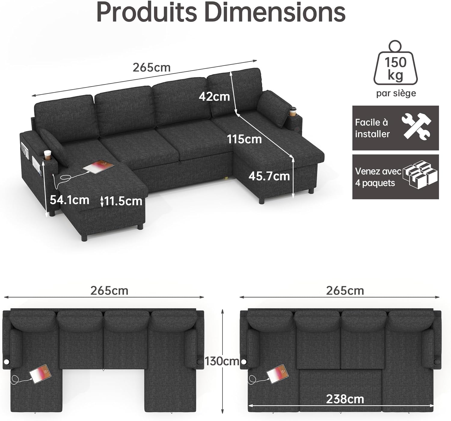DURASPACE U-Shaped Sofa Bed, 4-Seater Sofa Bed with Storage Space, USB Port and Cup Holder