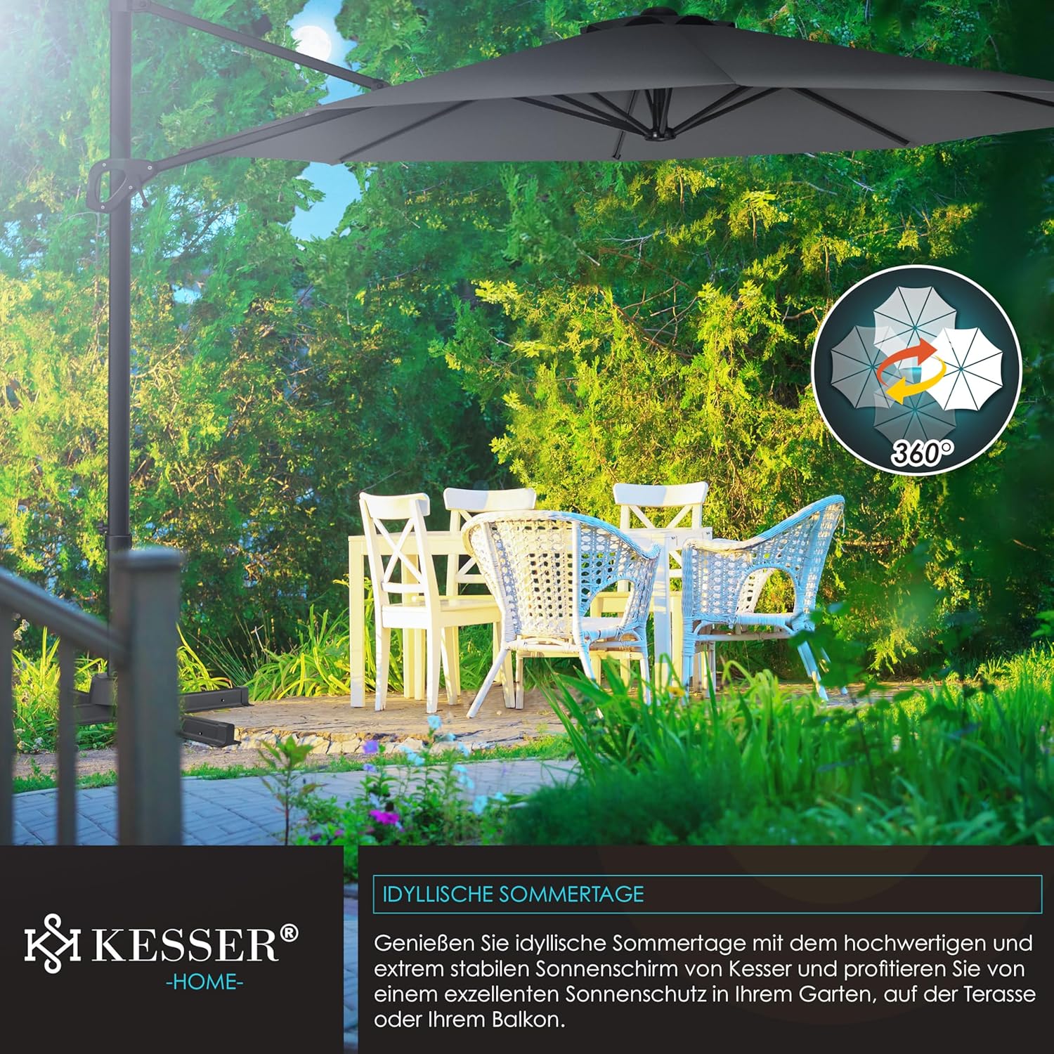 KESSER® Sun Parasol Round XL Diameter 330 cm Includes Cover + Wind Protection 7-Way Adjustable Tilting Large 360° Rotatable Garden Umbrella with Crank Sun Protection UV50+ Anthracite