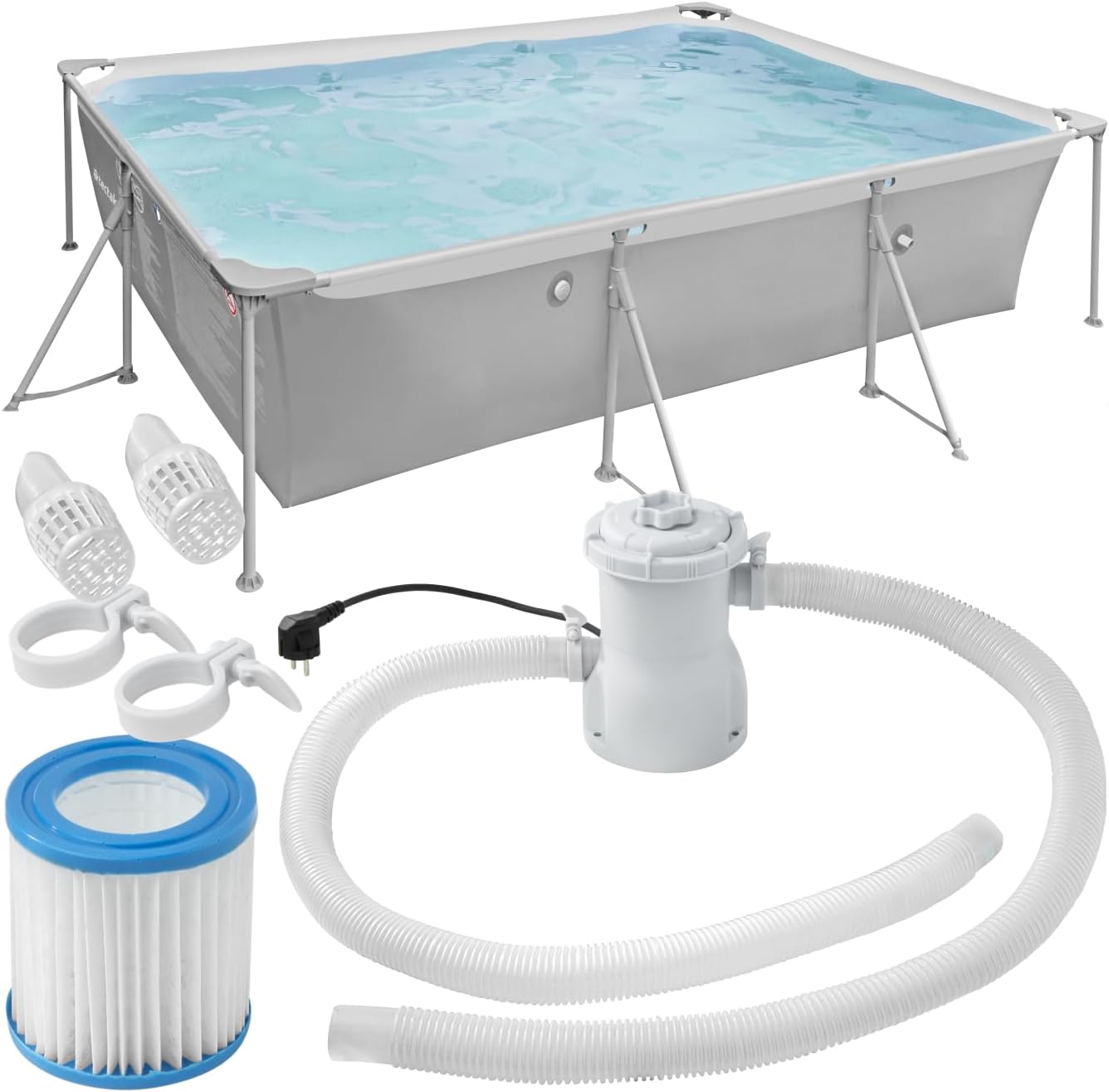 tectake® Swimming Pool, Large Swimming Pool, Rectangular, Frame Pool, Pool for Garden, Steel Frame Pool, Complete Set, Outdoor Garden Pool, Above Ground Pool, 300 x 207 x 70 cm, Grey