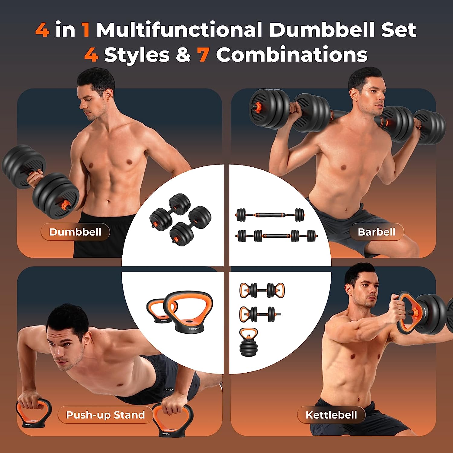 FEIERDUN Adjustable Dumbbells, 20/30/40/50/70/90lbs Free Weight Set with Connector, 4 in1 Dumbbells Set Used as Barbell, Kettlebells, Push up Stand