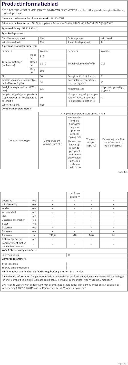 Bauknecht GT 219 A3 + freezer / freezing: 215 L / super freezing / SapceMax / interior lighting / ECO energy saving / child safety [Energy Class C]