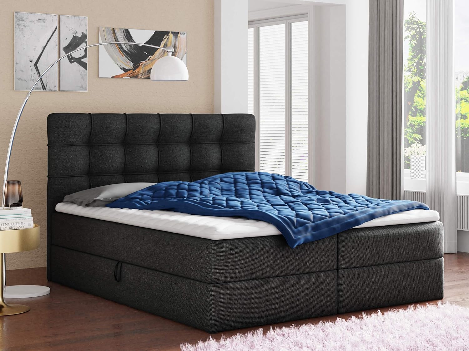 Best Upholstered Box Spring Double Bed Frame with 2 Storage Boxes, Bonell Mattress and Topper, for a Stylish Bedroom, Graphite (Inari 94), 180 x 200 cm