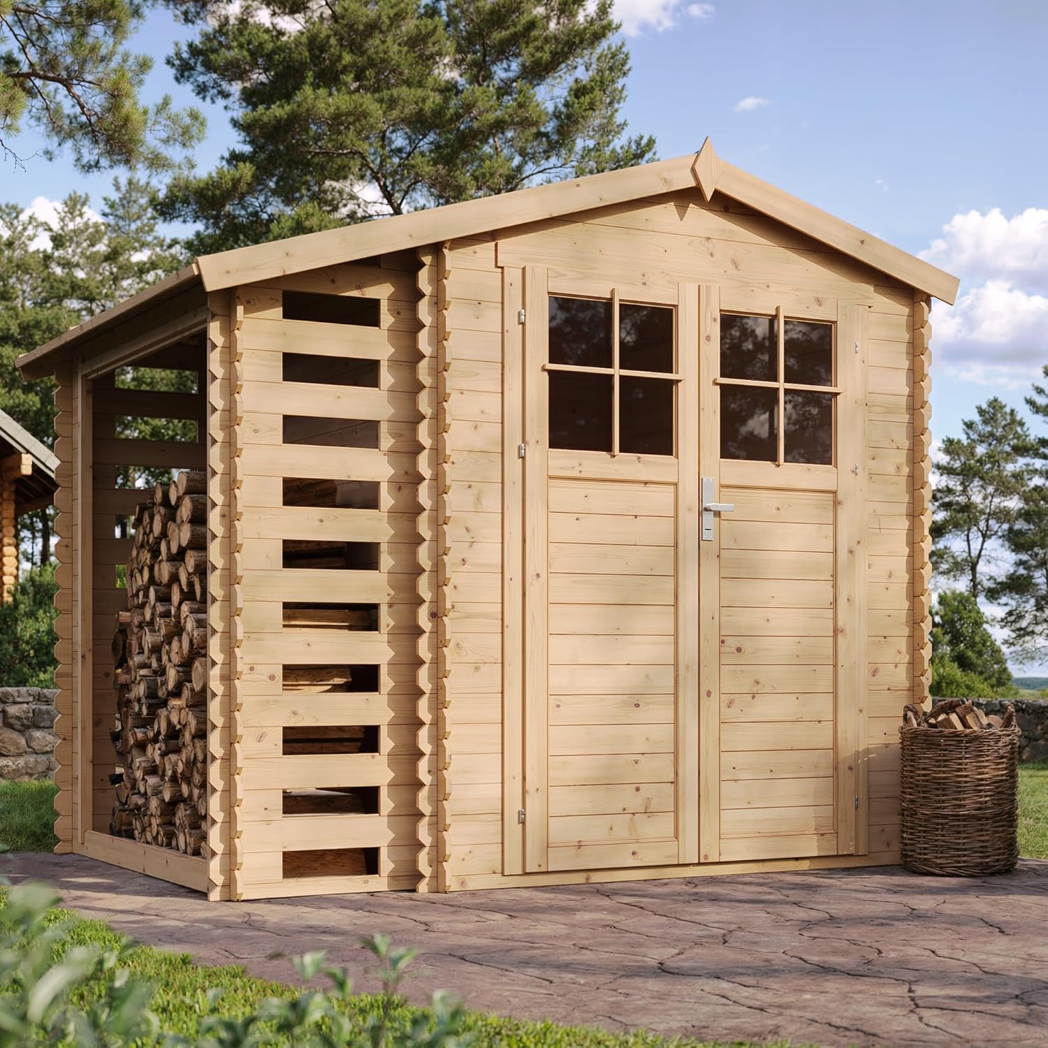 TIMBELA M386F Wooden Garden Shed with Firewood Shed, High-Quality Lockable Door, Garden Shed Wood, W 272 x L 206 x H 218 cm / 3.53 + 0.97 m2 Storage Shed for Garden - Waterproof Roof