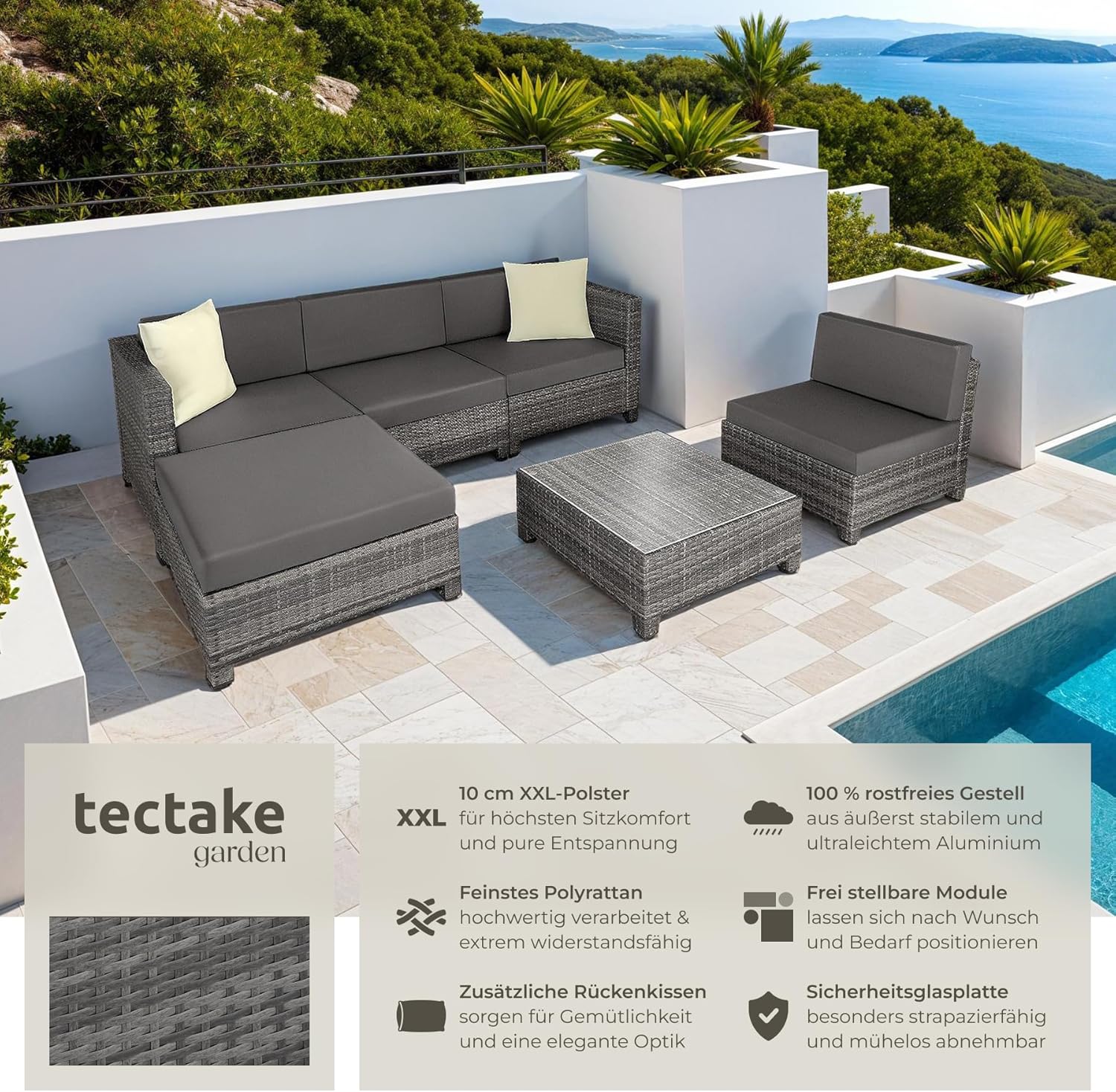 tectake Garden Furniture Set, Lounge Made of Poly Rattan and Aluminium, Balcony Furniture Set with 10 cm Padding and Cushion, Ideal for Garden and Balcony, Includes 2 Armchairs, 2 Corner Chairs, 1