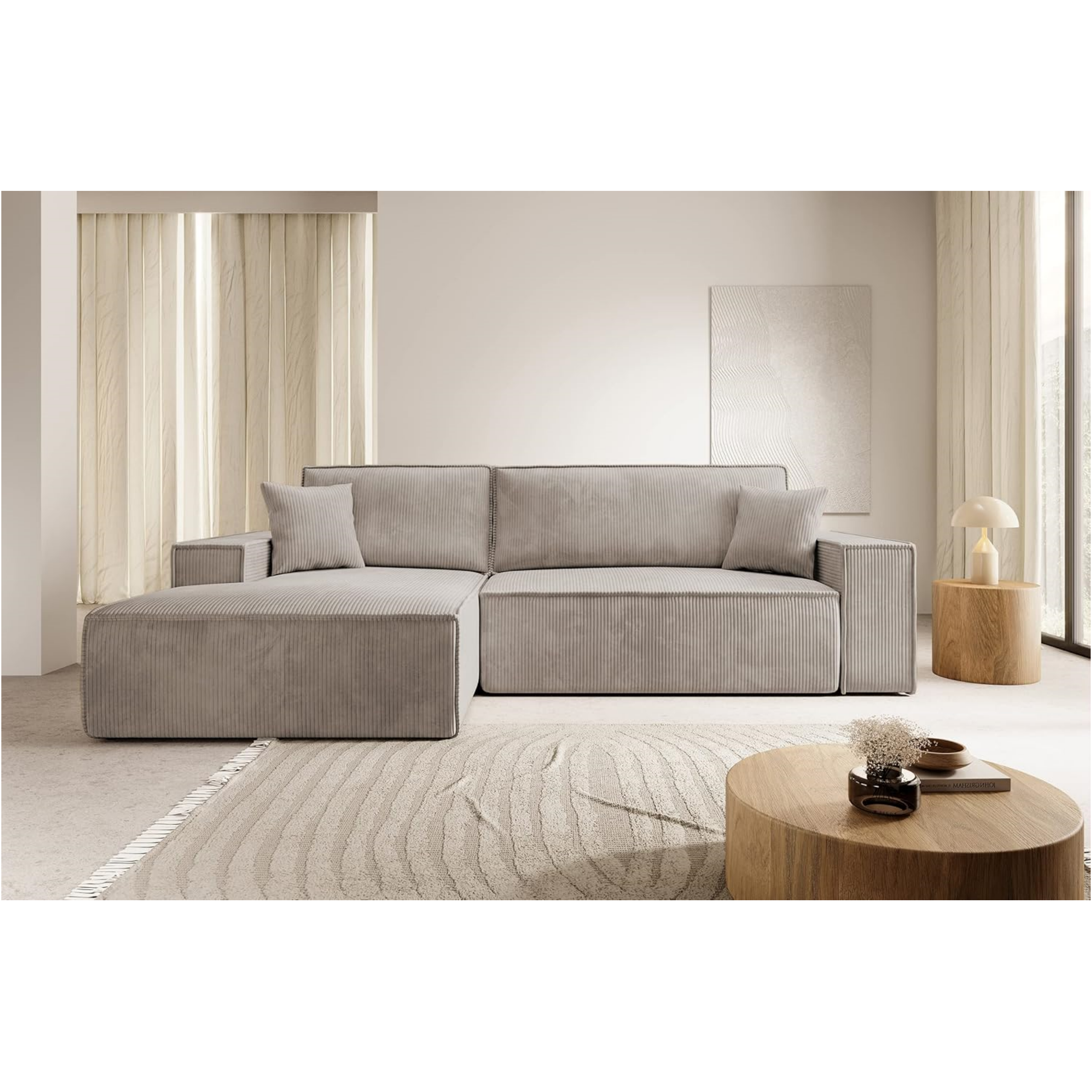 Selsey Sofa Corner Sofa Bed Couch with Storage Space Sleep Function Easy Care Polyurethane Foam L Shape Left Farese Beige Corduroy Look
