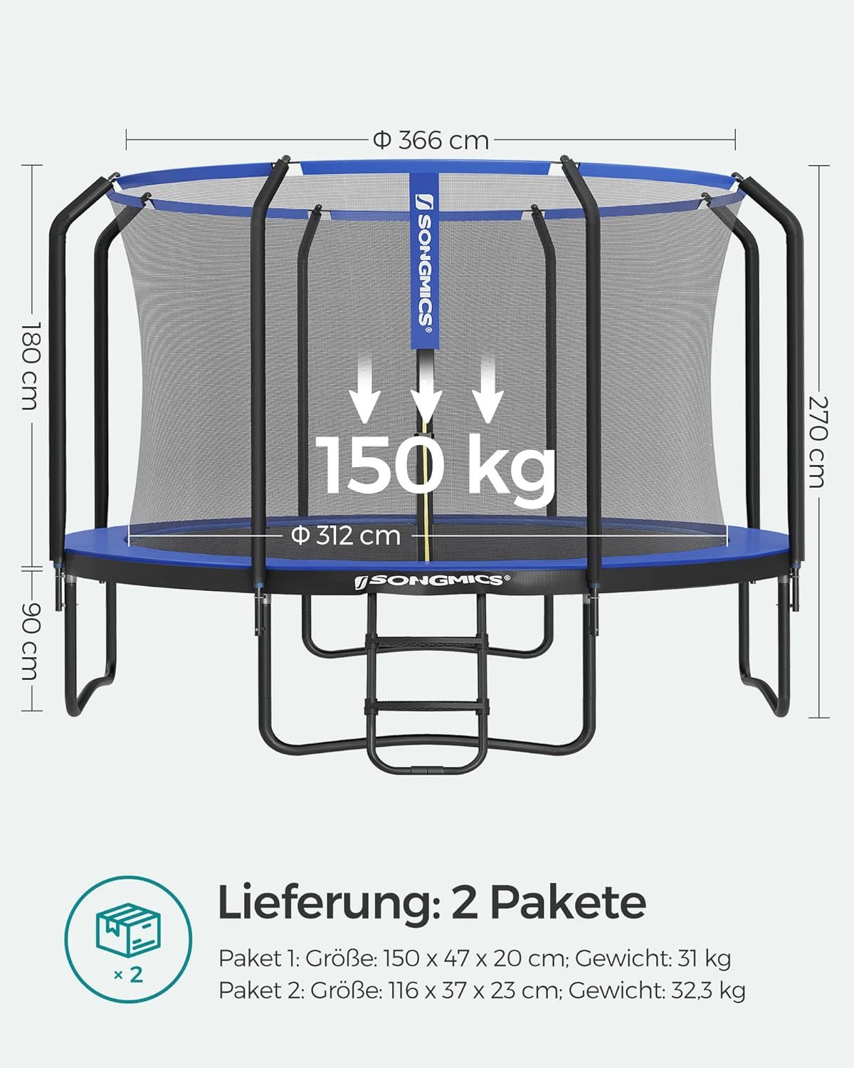 SONGMICS Outdoor Trampoline Ø 366 cm, Round Garden Trampoline with Safety Net and Ladder, Edge Cover, Padded Frame, for Children