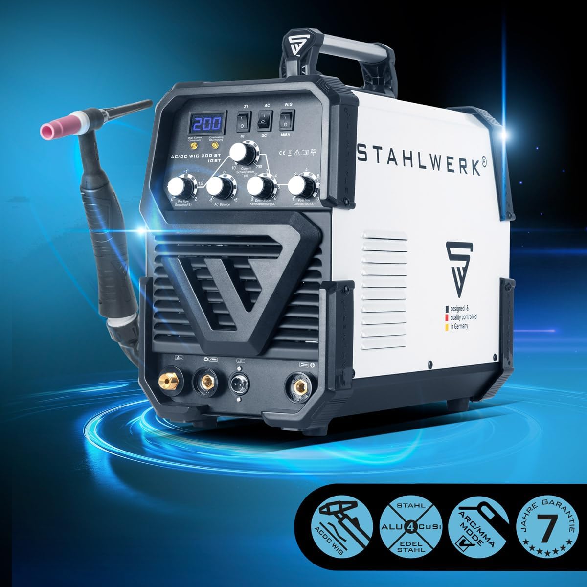 STAHLWERK welding machine 2 in 1 combo fully equipped AC/DC TIG 200 ST – TIG & MMA welding is possible up to 200 A, IGBT inverter, HF ignition, smart cooling, ideal for aluminum & steel