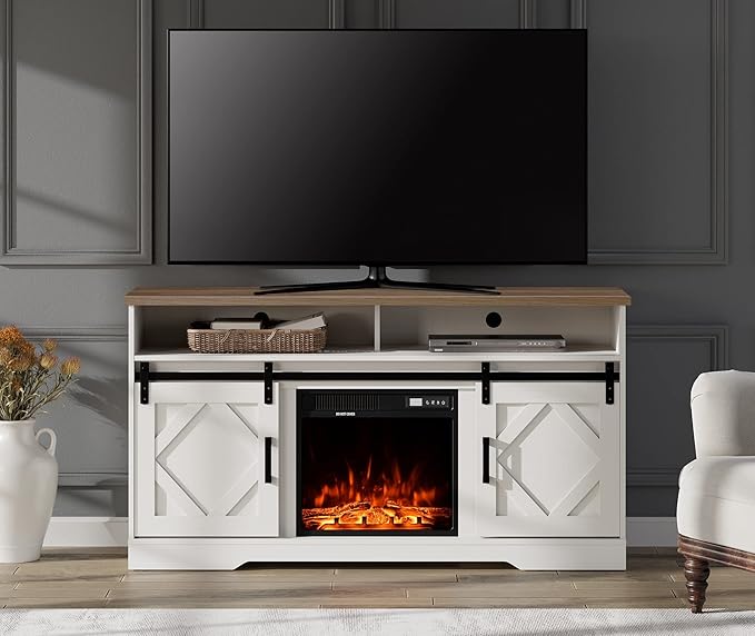 Wampat Fireplace TV Stand for TVs Up to 65 Inch, Electric Fireplace TV Console,Wood Entertainment Center with Storage Cabinet,Sliding Barn Door,2 Heating Mode,5 Brightness
