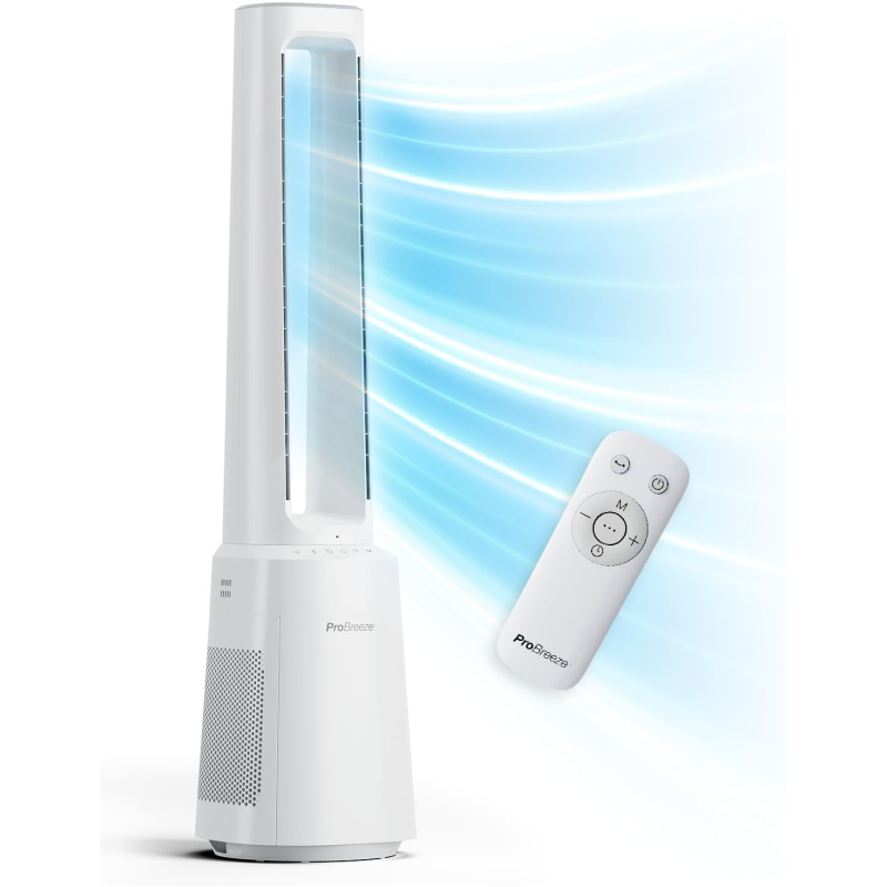 Pro Breeze OmniAir Tower Fan, 105cm Quiet Bladeless Fan, Tower Fan with HEPA Filter, Remote Control, 10 Speeds, 75° Oscillation, Bladeless Fan