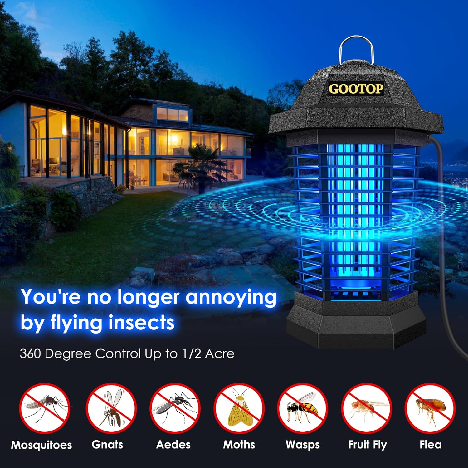 GOOTOP Bug Zapper Outdoor Electric, Mosquito Zapper, Fly Traps, Fly Zapper, Mosquito Killer, 3 Prong Plug, 90-130V, ABS Plastic Outer (Black) with 15W Replacement Bulb