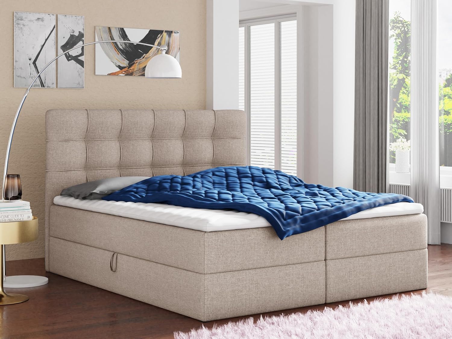 Best Upholstered Box Spring Double Bed Frame with 2 Storage Boxes, Bonell Mattress and Topper, for a Stylish Bedroom, Graphite (Inari 94), 180 x 200 cm