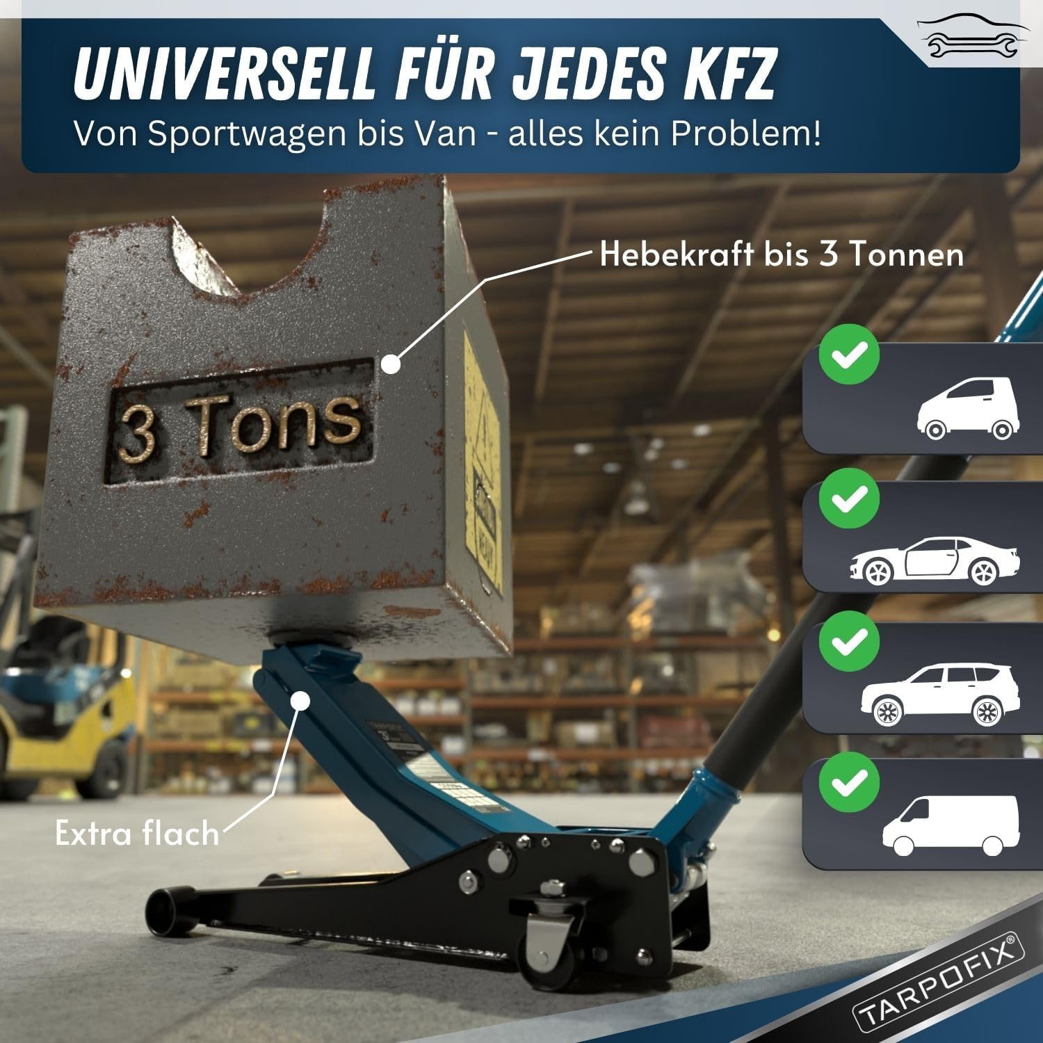 Tarpofix® Hydraulic Car Jack 3t (75-505mm Lifting Height) | Premium Trolley Jack with Double Cylinder | Flat Hydraulic for SUVs & Lowered Cars