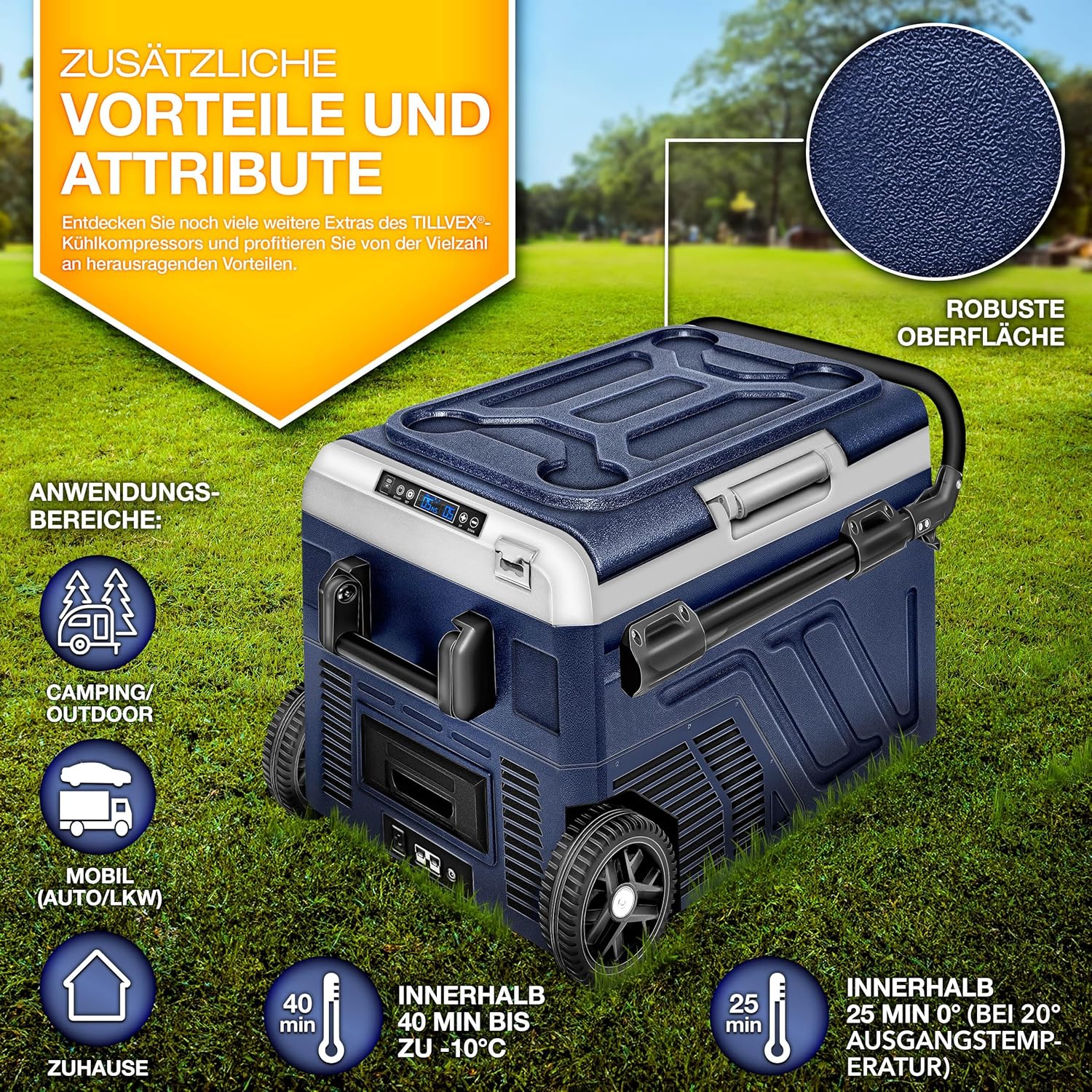 tillvex® Kompressor Kühlbox elektrisch 40-60 Liter | Elektrische Gefrierbox WIFI-APP-Steuerung 12/24 V 230V | Kühlschrank bis -20 °C für Auto, Lkw, Camping (Navyblau, 50 Liter - mit Akku) [Energieklasse B]