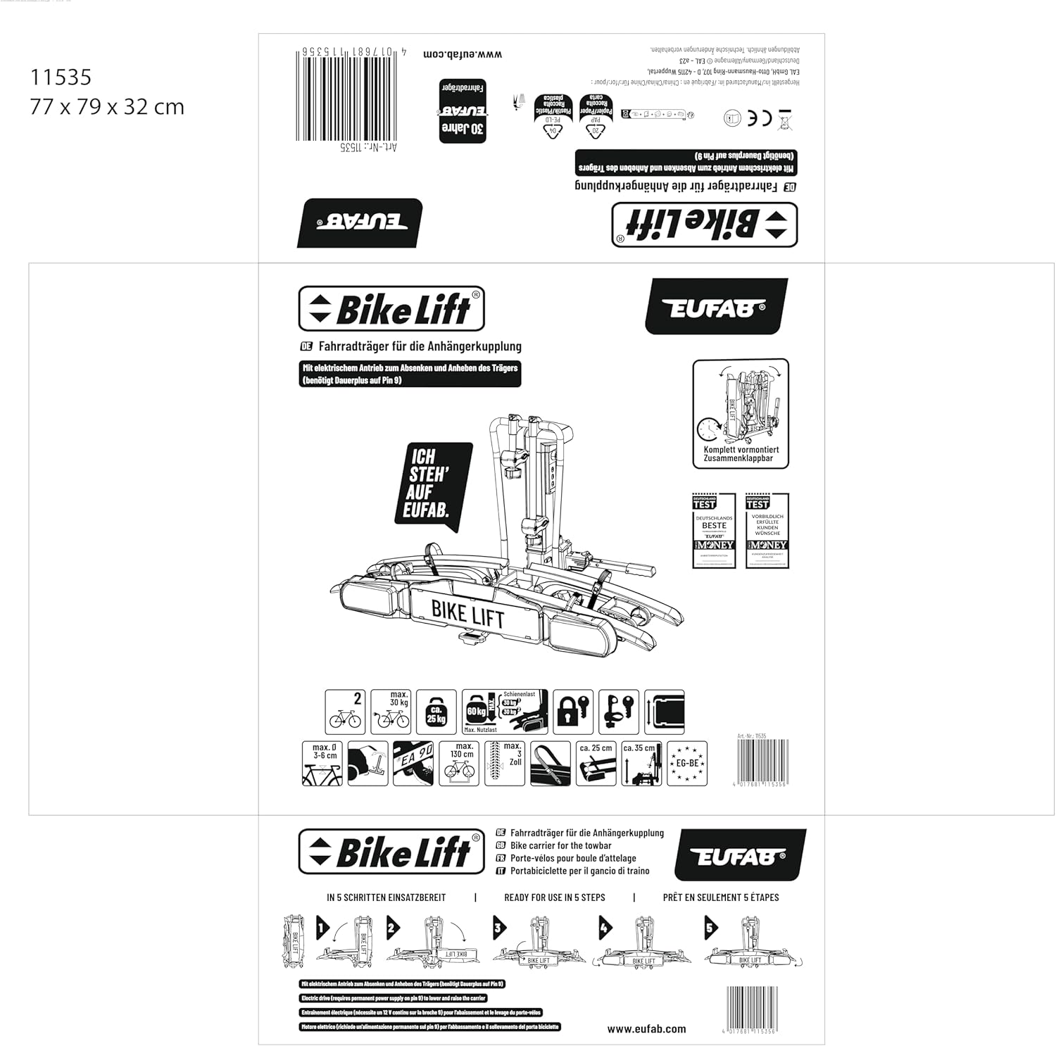 EUFAB 11535 Rear Carrier Bike Lift for Hitch, Black, 135x74x74cm