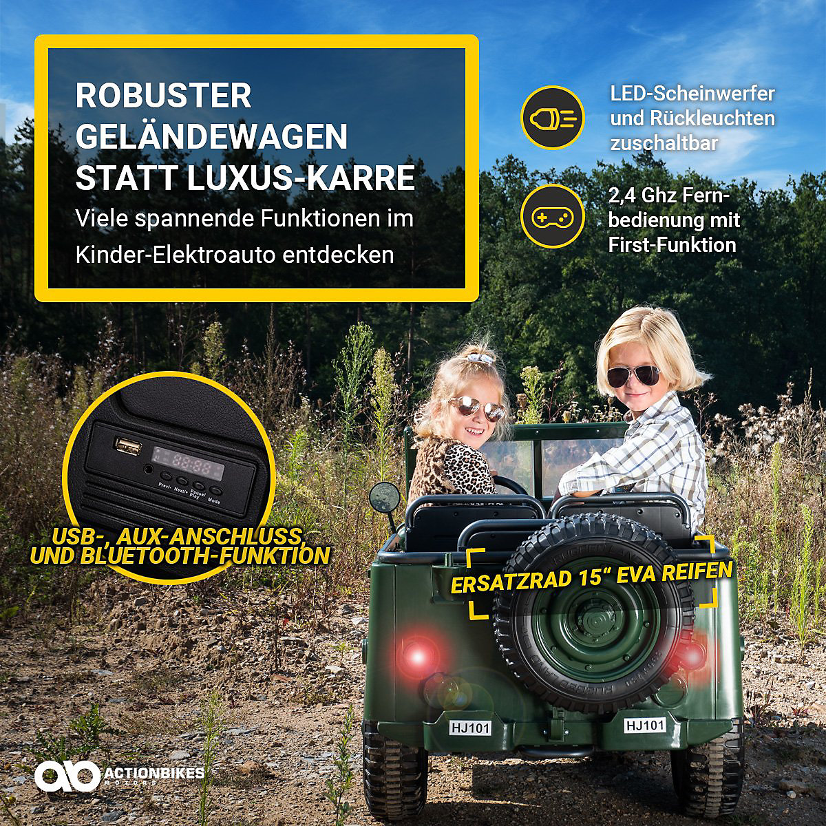 Kinder Elektroauto Jeep Willys - 4x45 Watt - Kinderauto mit Fernbedienung - Soundmodul grün