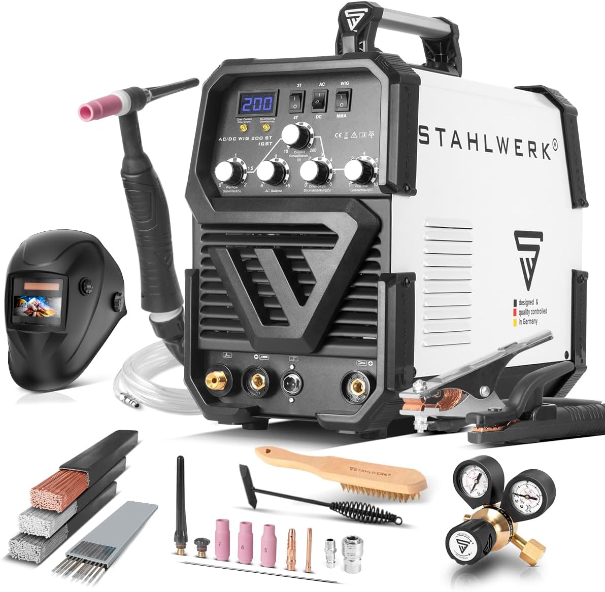 STAHLWERK welding machine 2 in 1 combo fully equipped AC/DC TIG 200 ST – TIG & MMA welding is possible up to 200 A, IGBT inverter, HF ignition, smart cooling, ideal for aluminum & steel