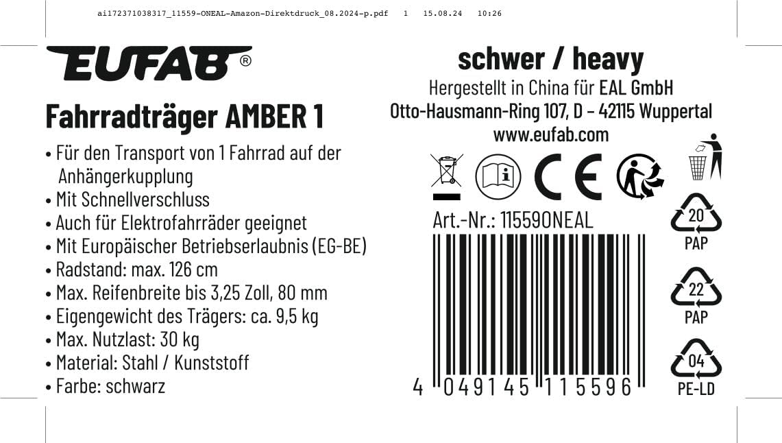 EUFAB 11559 AMBER 1 Bicycle Carrier Suitable for E-Bikes