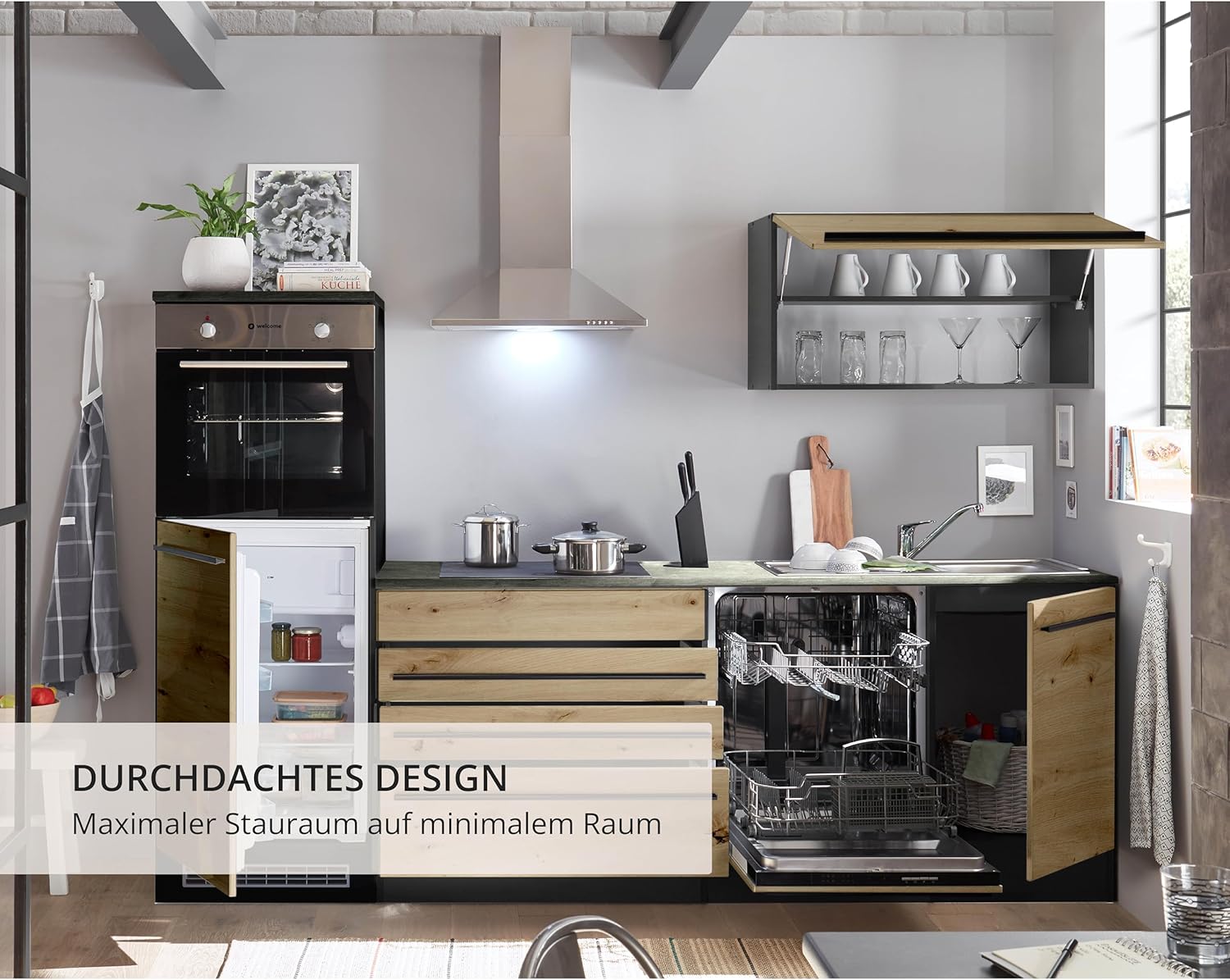 Jazz 6 Modern Kitchen Unit with Electrical Appliances in Anthracite, Artisan Oak Look, Spacious Fitted Kitchen with Lots of Storage Space, 260 x 200 x 60 cm (W x H x D)