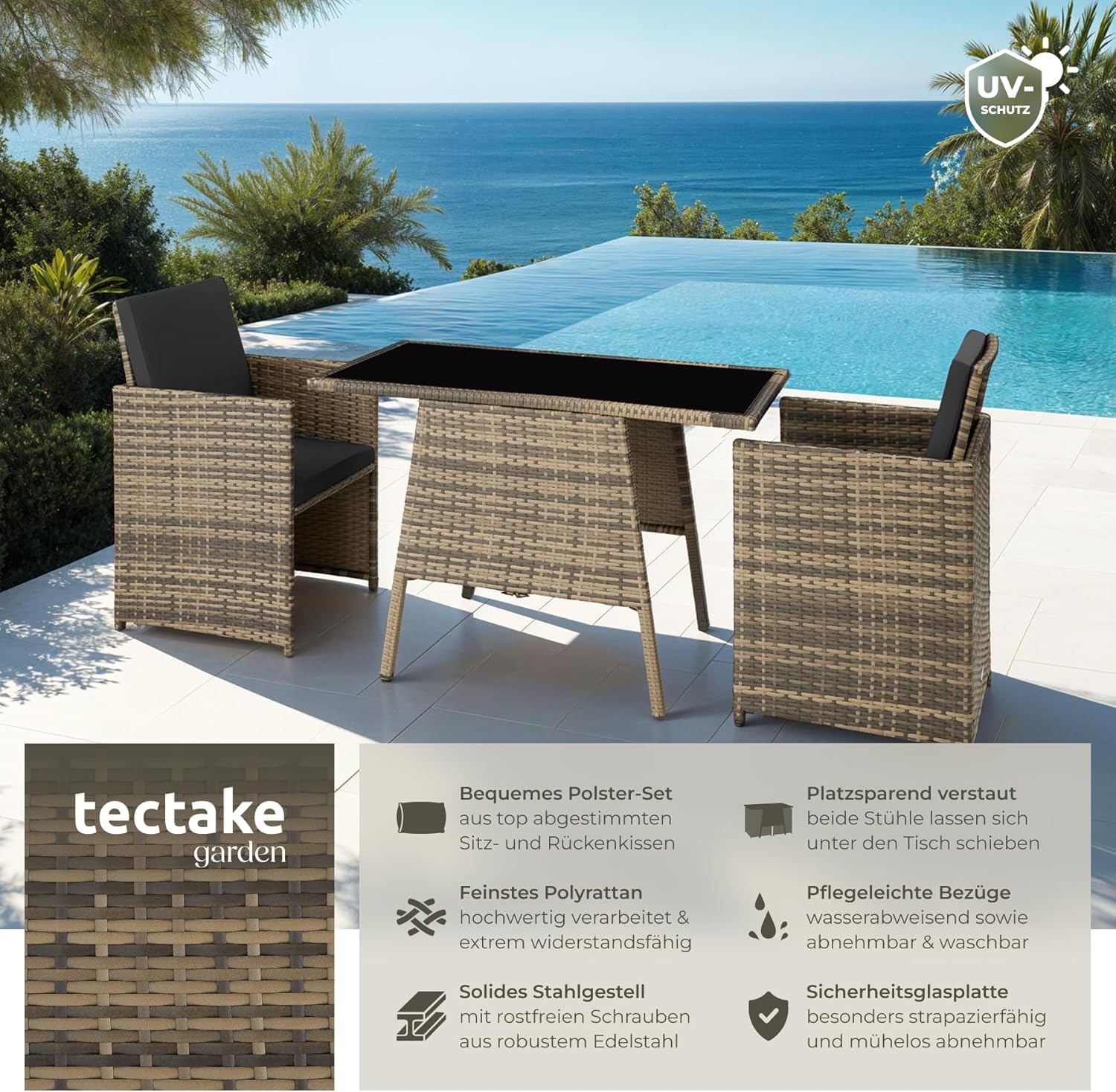 tectake® Polyrattan garden furniture set for 2 people, outdoor furniture, foldable, takes up little space, 2 armchairs and 1 table, ideal lounge set for the balcony, garden furniture, patio furniture,