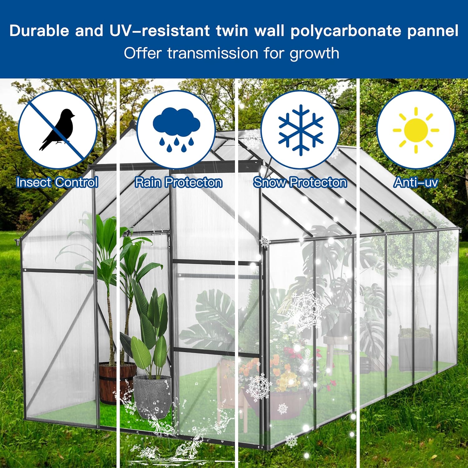 Heavy Duty Aluminum Walk-in Greenhouses w/ Raised Base for Outdoor Garden Backyard,Black