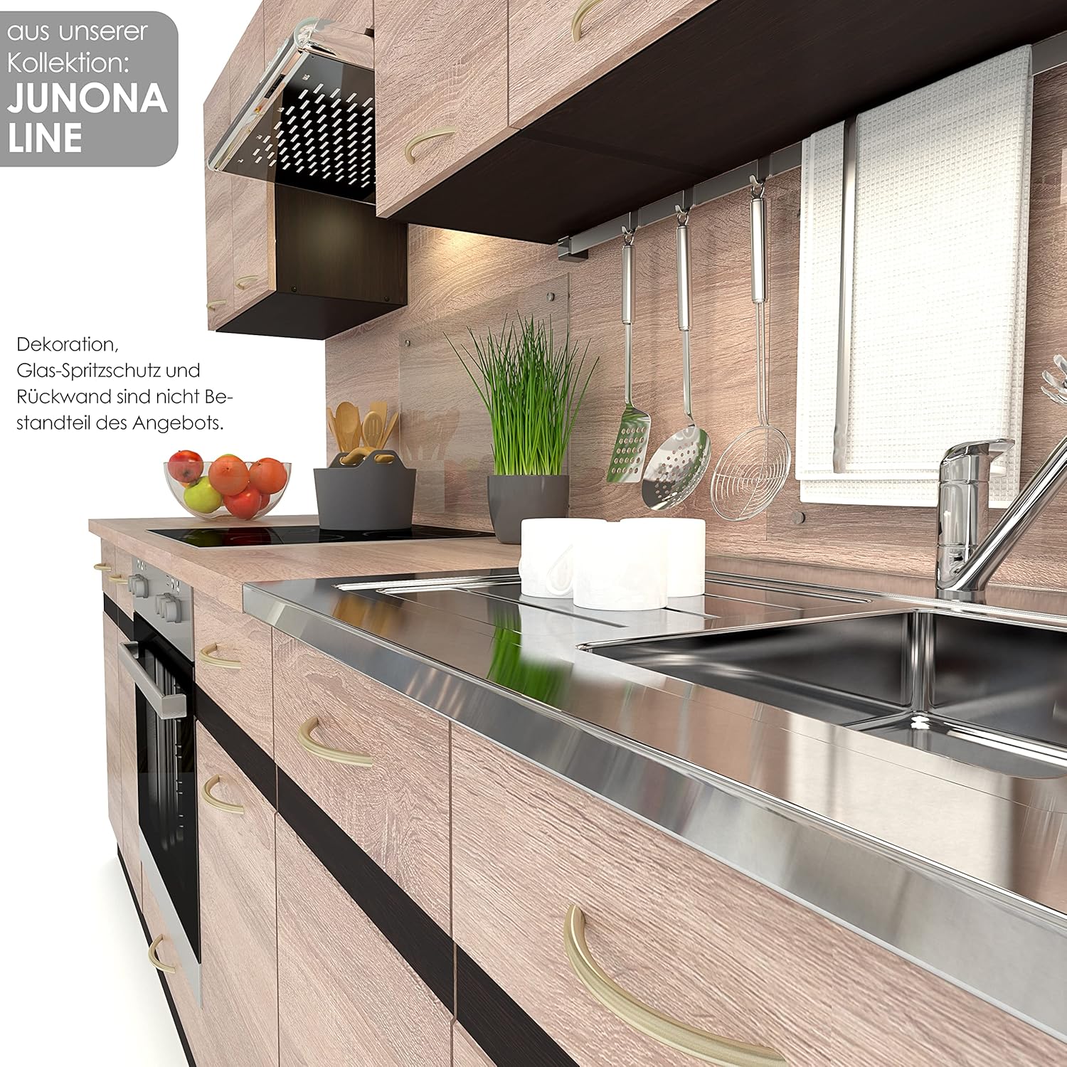 FIWODO Expandable Kitchen Unit with Electrical Appliances, Fitted Kitchen in Sonoma Oak, 240 cm, with Sink, Mixer Tap, Hob, Oven, Extractor Hood