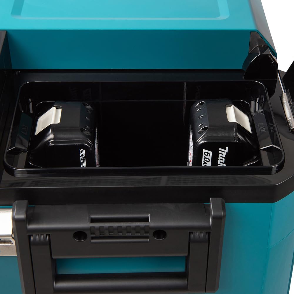 Makita 40V Battery Cooling and Heat Box, 29L Portable Refrigerator, Turquoise, IPX4 Water Resistant, Compressor Cooling System, Bottle Opener, Deep Discharge Protection