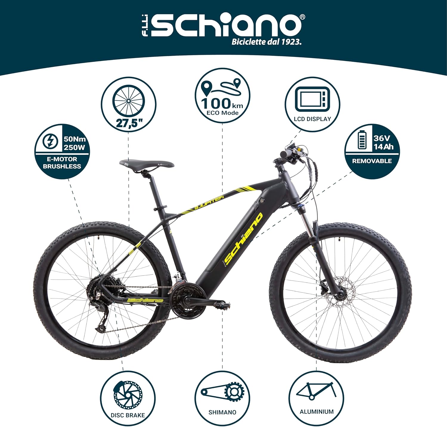 F.lli Schiano E-Jupiter 27.5 Inch E-Bike Pedelec, Electric Bikes, Mountain Bike for Adults, Men/Women, MTB Bicycle with Accessories, Battery, Electric Motor, Suspension Fork, Display, Electric Bicycle