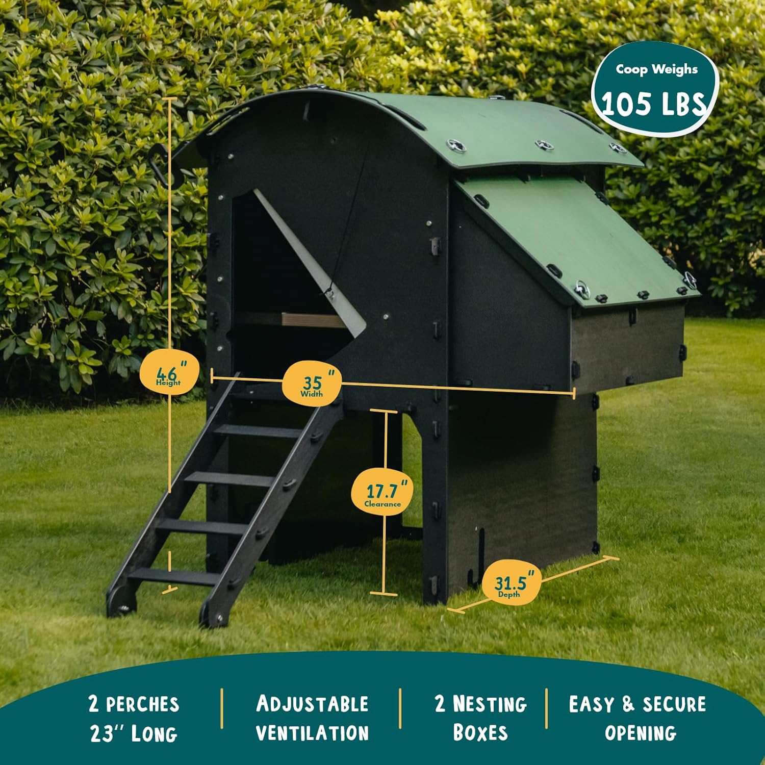 Mittlerer erhöhter Hühnerstall 2-3 Hühner - 25 Jahre Hühnerstall für 5 Hühner oder 9 Zwerghühner | 2 runde Sitzstangen für Hühner | erhöhter Hühnerstall für Hühner mit 2 Nistkästen & Leiter