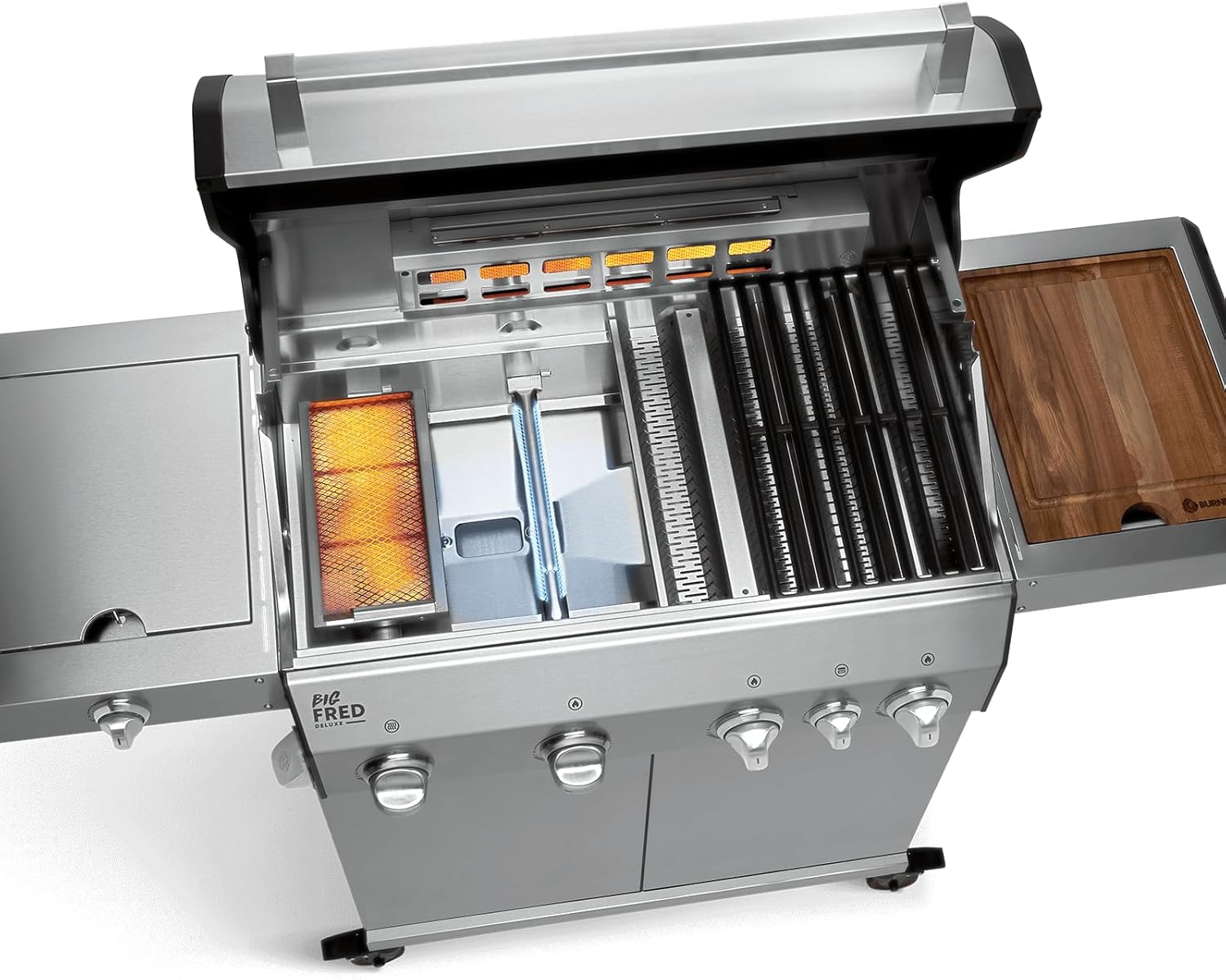 BURNHARD Big Fred Deluxe Series 3, 4-Burner Gas Barbecue Including Backburner, 900 °C Infrared Ceramic Burner, Side Hob, Cast Iron Cooking Grate, Grill Cover, Stainless Steel Grill Trolley + Folding