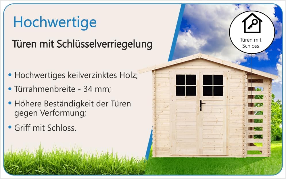 TIMBELA M386F Wooden Garden Shed with Firewood Shed, High-Quality Lockable Door, Garden Shed Wood, W 272 x L 206 x H 218 cm / 3.53 + 0.97 m2 Storage Shed for Garden - Waterproof Roof