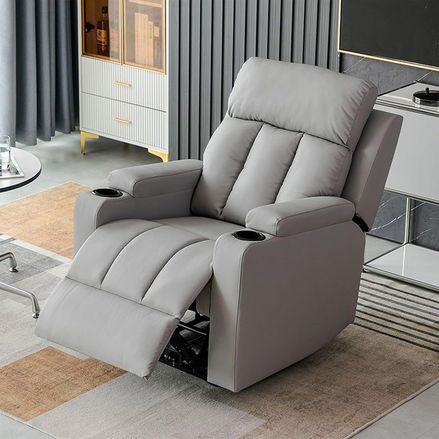 Recliner Chair for Adults, Faux Leather Reclining Chairs with Cup Holder and USB Charging, Single Lazyboy Recliner Sofa for Living Room, RV, Bedroom