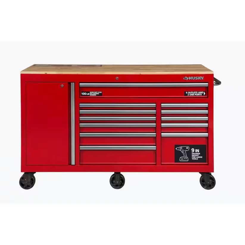 60 In. W X 22 In. D Standard Duty 12-Drawer Mobile Workbench Cabinet with Solid Wood Top in Gloss Red