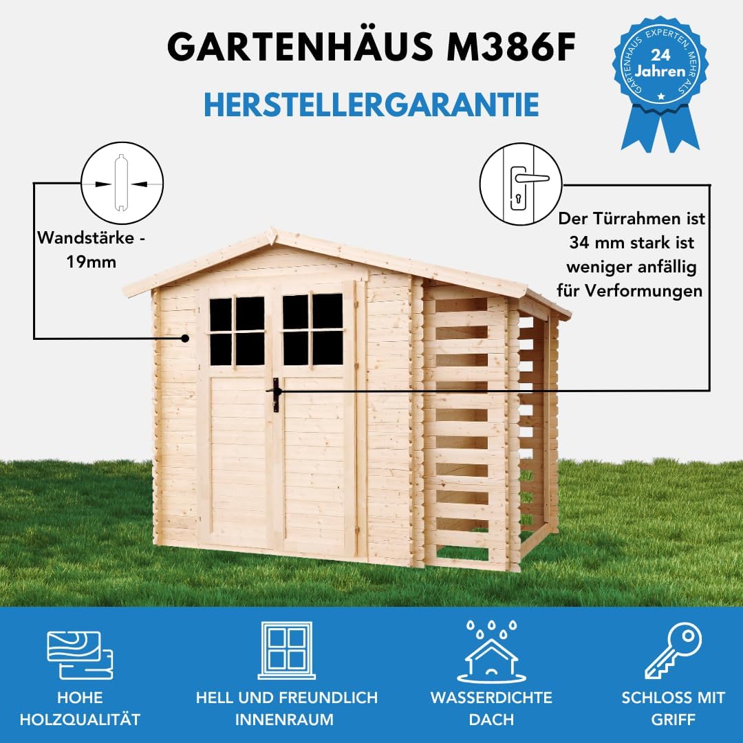 TIMBELA M386F Wooden Garden Shed with Firewood Shed, High-Quality Lockable Door, Garden Shed Wood, W 272 x L 206 x H 218 cm / 3.53 + 0.97 m2 Storage Shed for Garden - Waterproof Roof