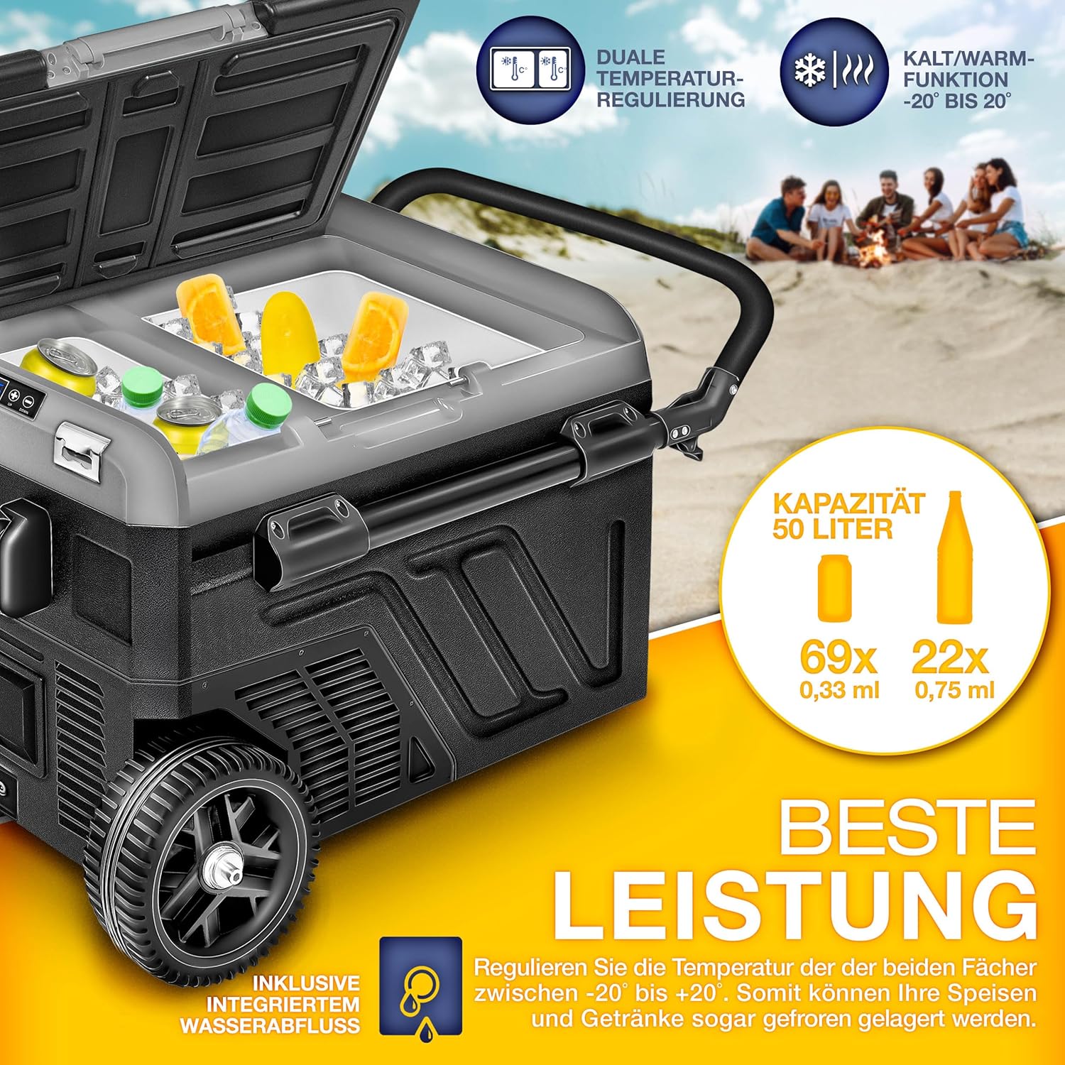 tillvex® Kompressor Kühlbox elektrisch 40-60 Liter | Elektrische Gefrierbox WIFI-APP-Steuerung 12/24 V 230V | Kühlschrank bis -20 °C für Auto, Lkw, Camping (Schwarz, 50 Liter - mit Akku) [Energieklasse B]