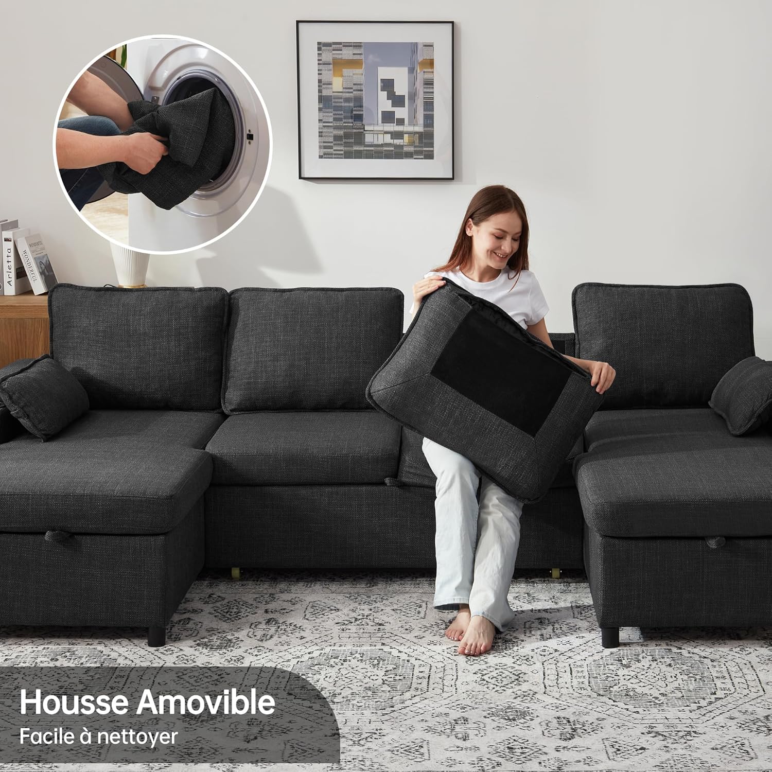 DURASPACE U-Shaped Sofa Bed, 4-Seater Sofa Bed with Storage Space, USB Port and Cup Holder