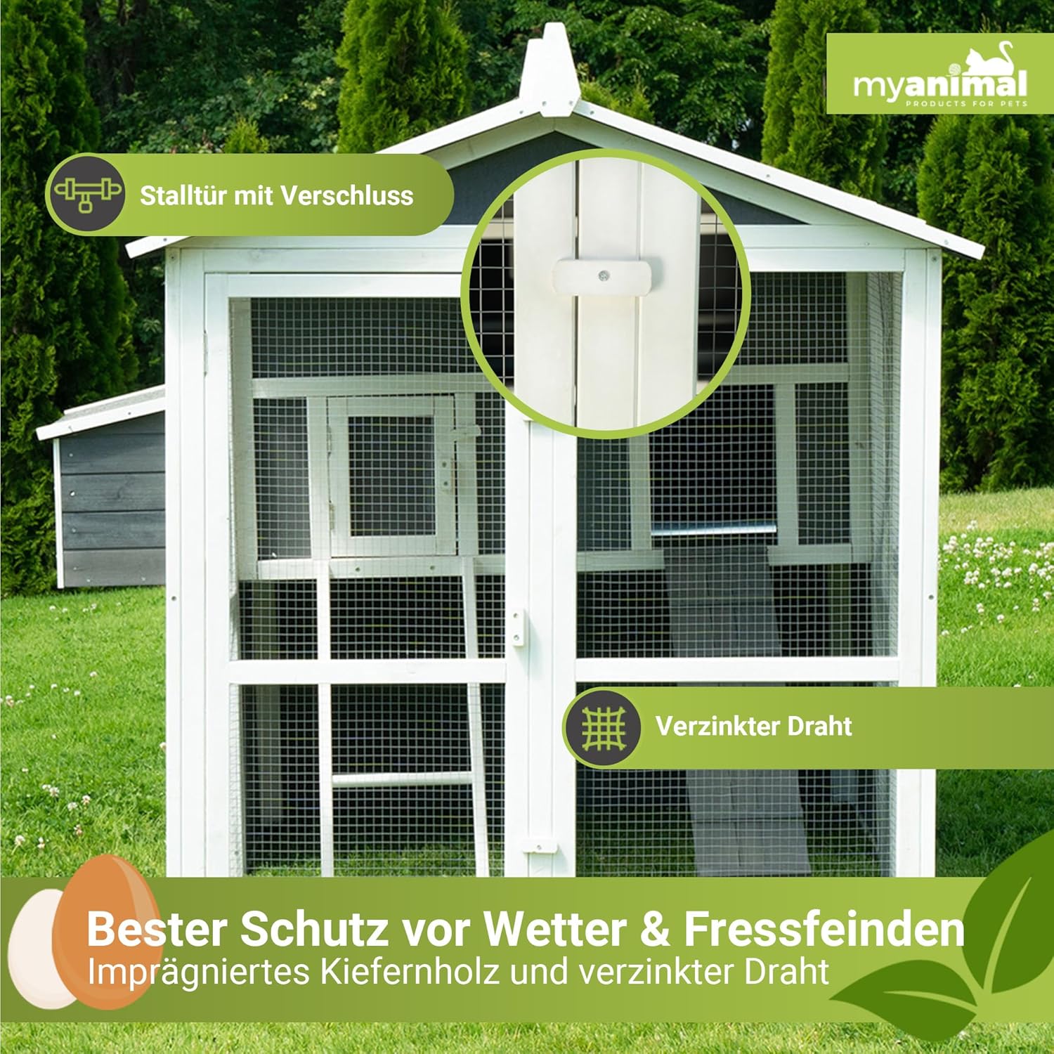 Miweba MyAnimal Hühnerstall MH-15 XXL | 186x146x147 cm - Für 7 Hühner - Nistkasten mit Freilaufgehege - Sitzstange - Winterfest - 2 Ebenen - Hühnerhaus mit Eiablage - Kiefernholz - Voliere (Grau/Weiß)