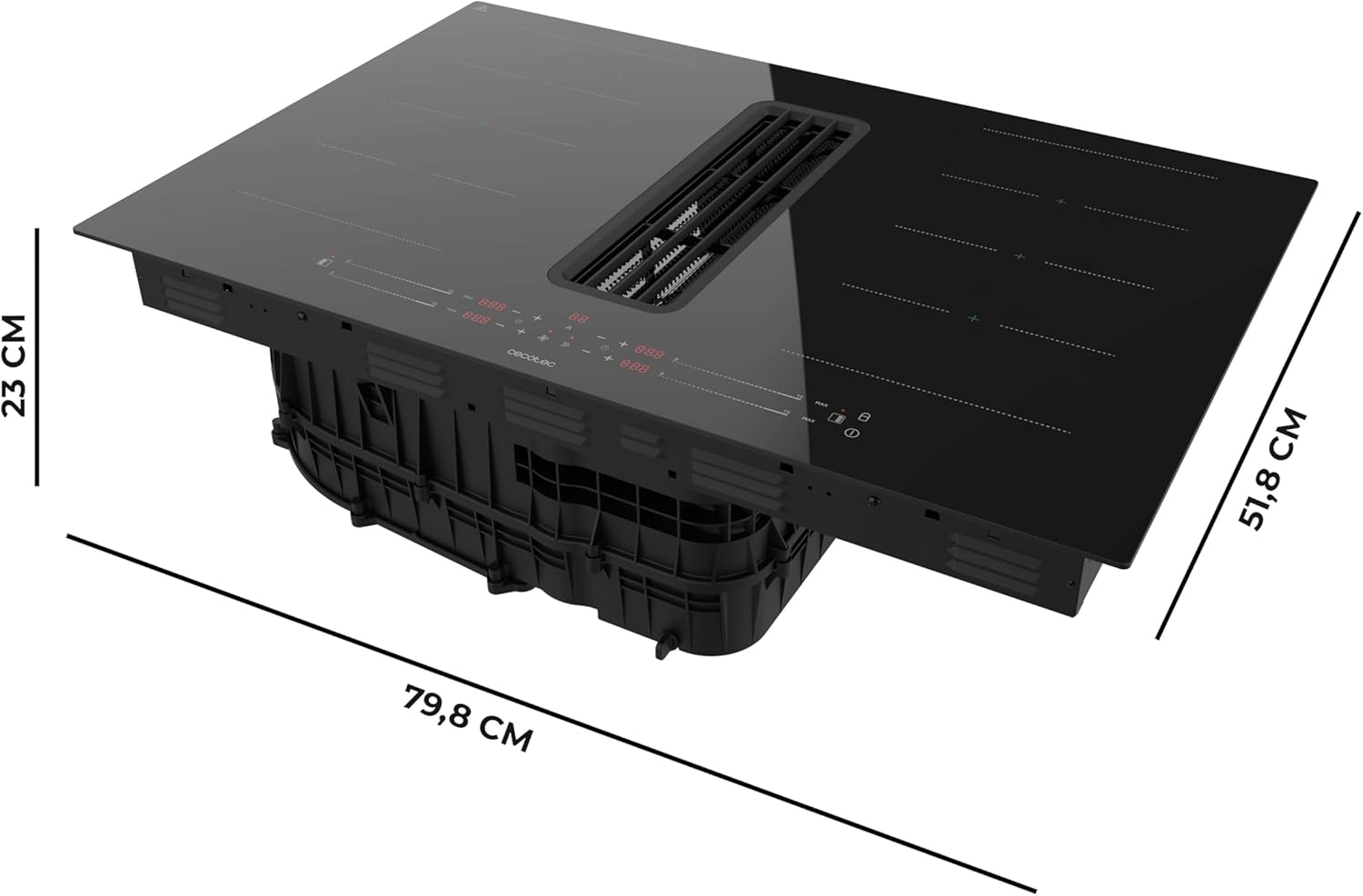 Cecotec Piano cottura a induzione Bolero Squad IH 4800 TotalFlex80. cappa aspirante integrata, 15 livelli di potenza, 7400 W, timer, forza di aspirazione 630 m3/h, tattile, blocco di sicurezza [Classe di efficienza energetica A]