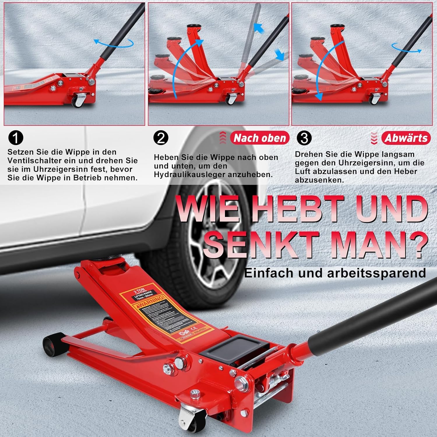 HYCHIKA Steel Racing Trolley Jack, Ultra Low Profile Jack with Dual Piston Quick-Acting Pump, 3 Ton (6,600 lb) Capacity, Lifting Range 3-18.3 inches