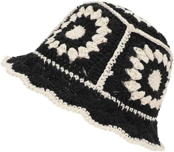 Women Crochet Bucket Hat Handmade Floral Hat Beach Hat Flower Pattern Hollow Out Fisherman Hats for Vacation Traveling