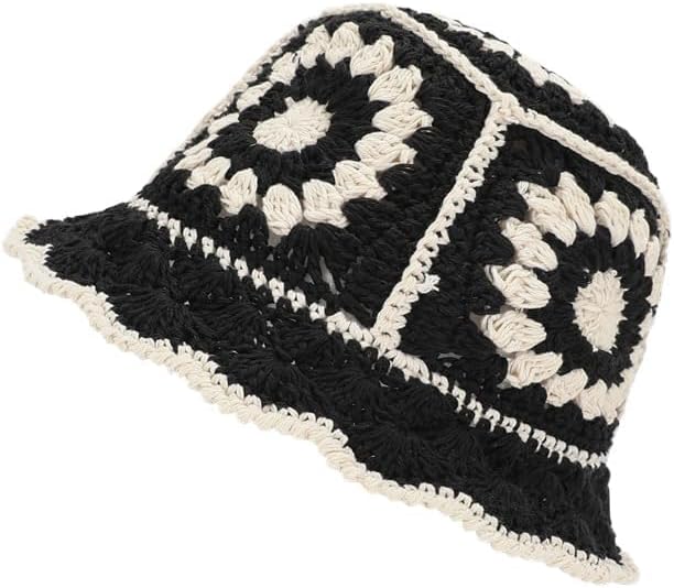 Women Crochet Bucket Hat Handmade Floral Hat Beach Hat Flower Pattern Hollow Out Fisherman Hats for Vacation Traveling