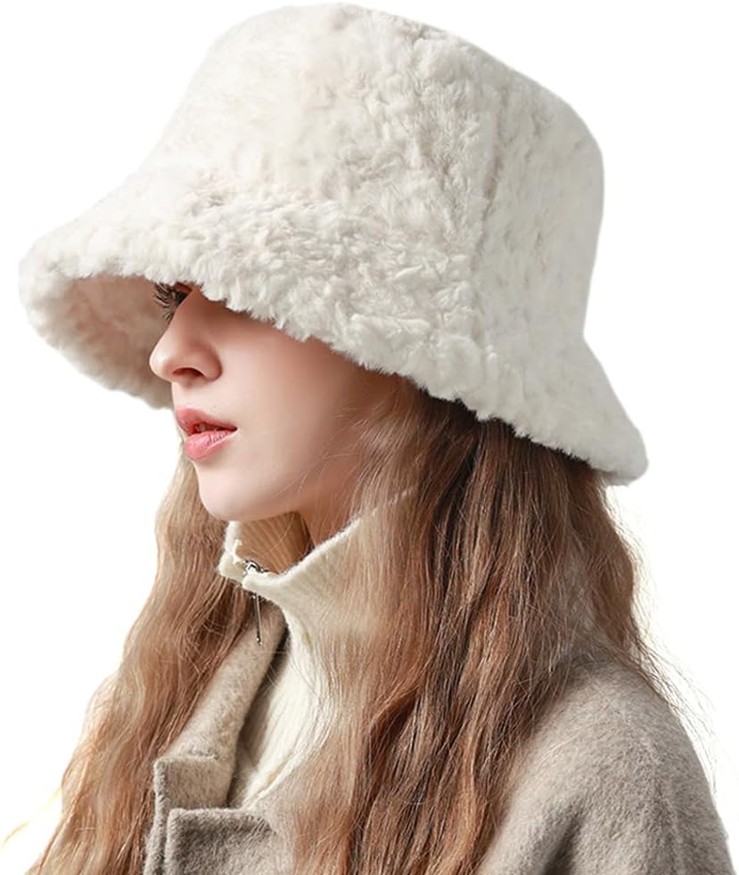 Women’s Winter Fuzzy Faux Fur Bucket Hat Slouchy Warmer Fisherman Hats for Women Soft Fluffy Warm Cap
