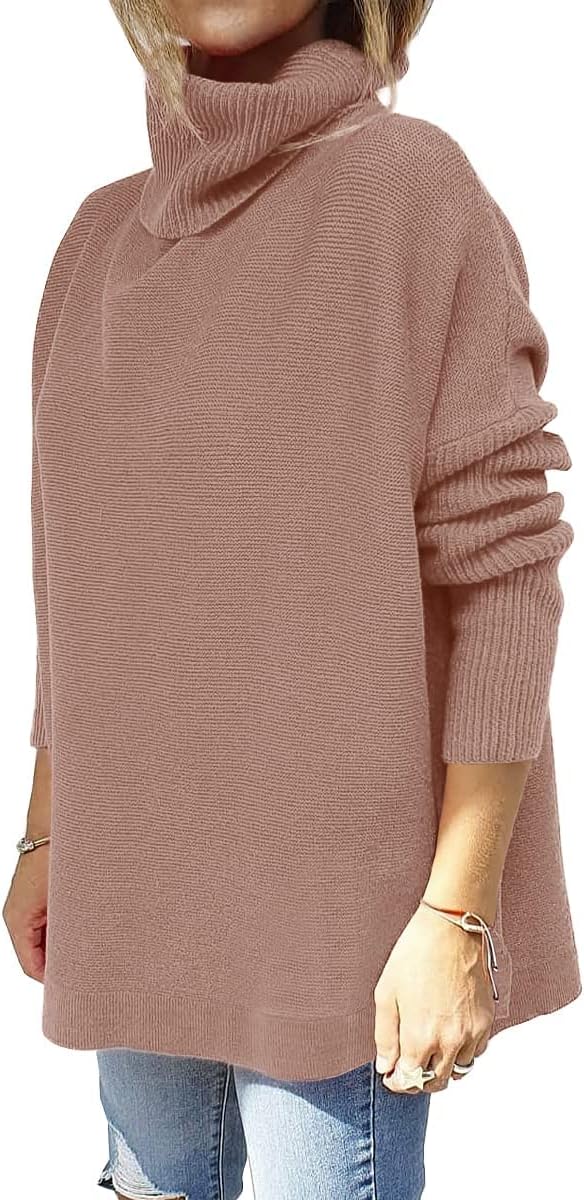 Women’s Turtleneck  Sweaters Long Sleeve Spilt Hem Casual Asymmetric Pullover Knit Warm Clothes for Winter