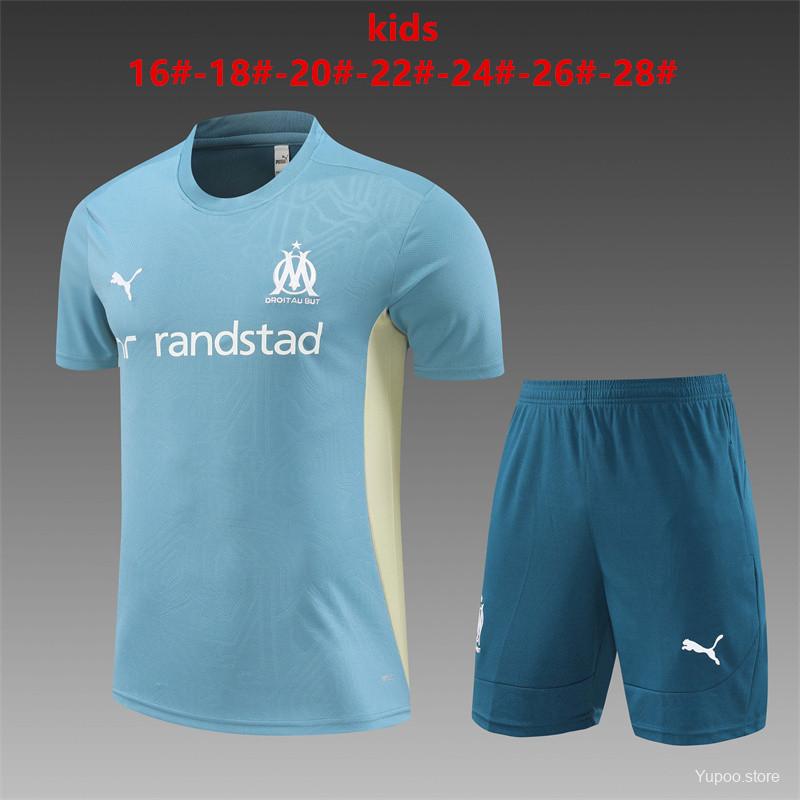 24/25 Kids Olympique Marseille Blue Short Sleeve Jersey+Shorts 1:1 Thai Quality Kids Size
