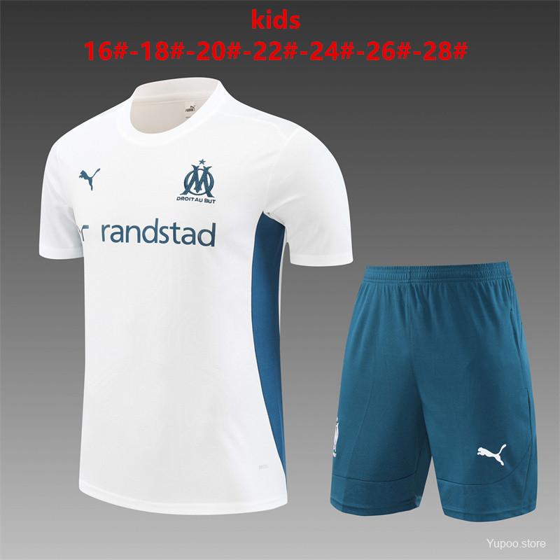 24/25 Kids Olympique Marseille White Short Sleeve Jersey+Shorts 1:1 Thai Quality Kids Size