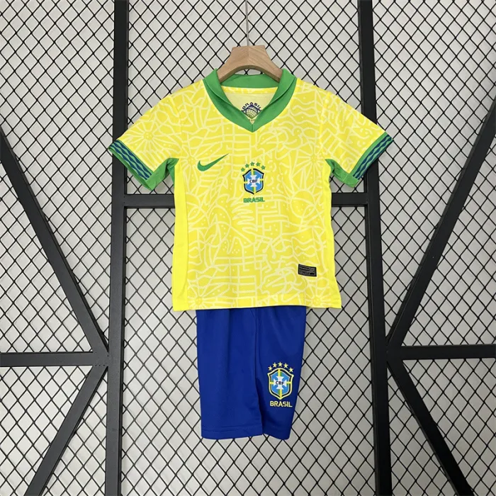 Kids Brazil Home Kit 24/25 Copa America 2024 Football Jersey 1:1 Thai Quality