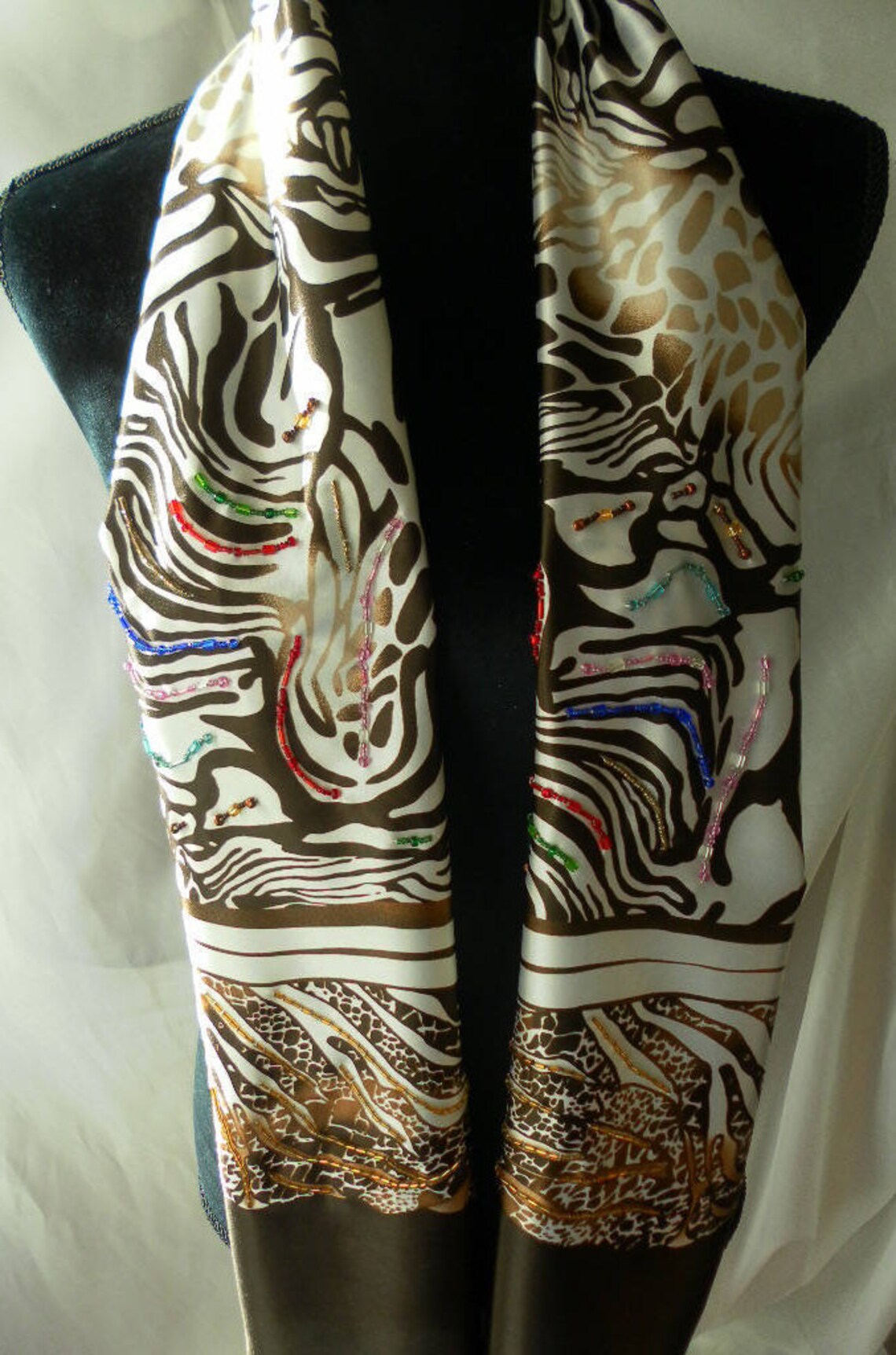 Brown cream graphic border print satin handmade hand beaded scarf