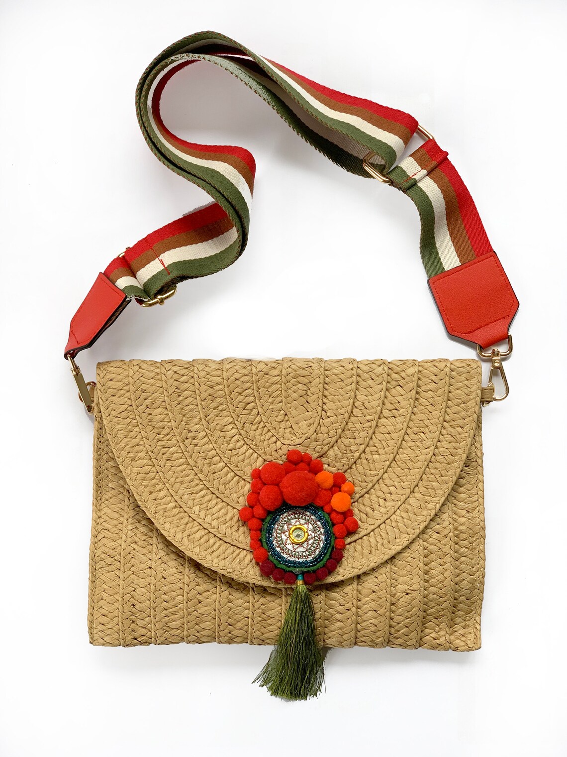 Red Crown cross body, Straw handmade woven clutch bag, Trendy women unique woven shoulder bag, colourful shoulder strap, weekender bag