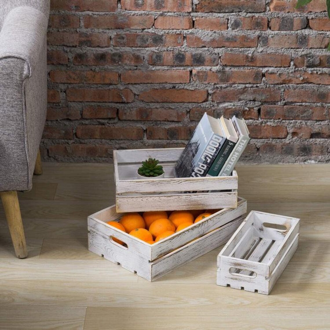 Set of 3, Whitewashed Wood Nesting Open Top Storage Crates with Handles