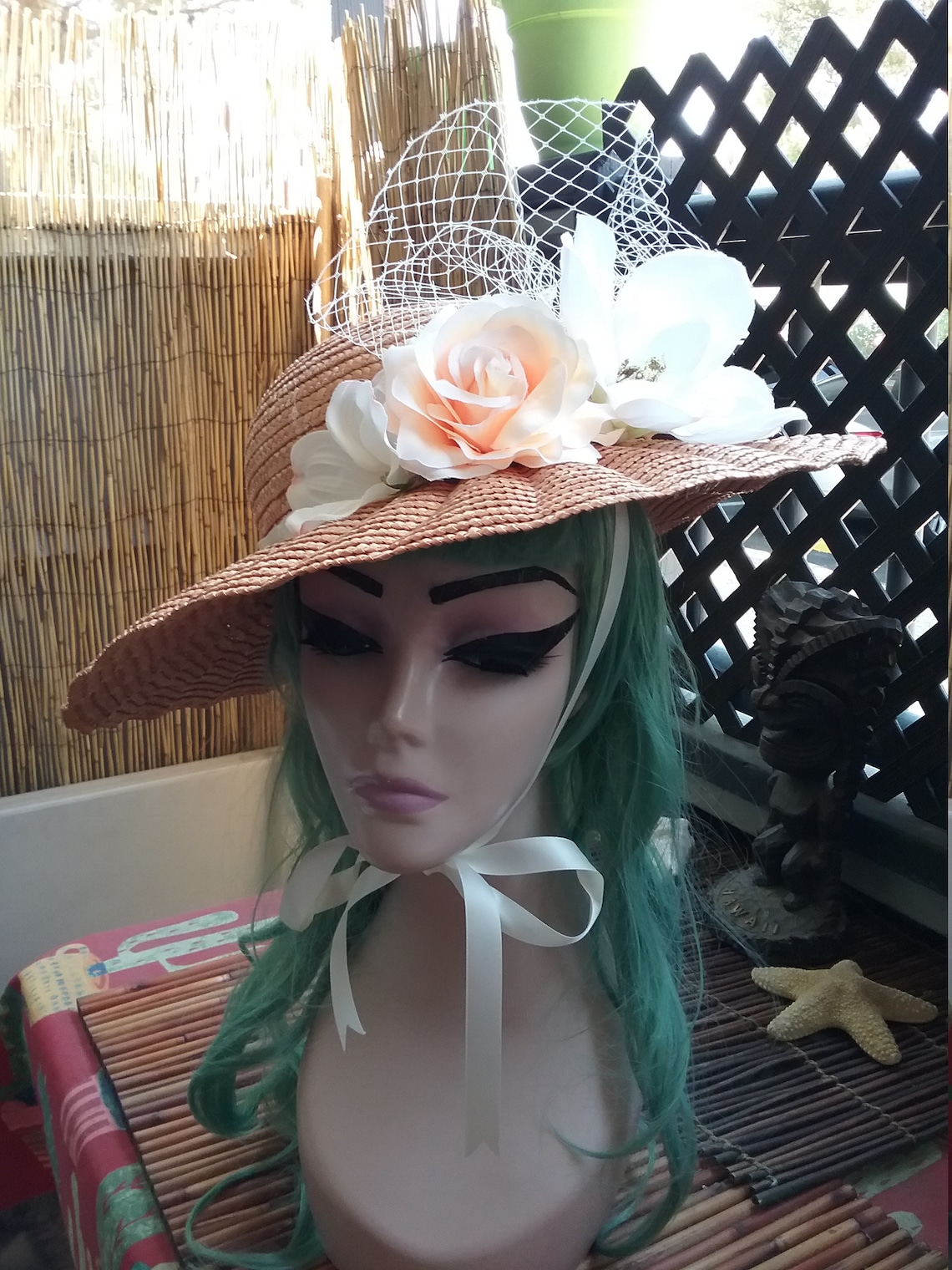 Formal Sun Hat with Flowers, Natural Straw , Vintage From Italy , Retro Pinup Hat , Large Brim Hat , Powder Pink , Cream , Church Hat, Derby
